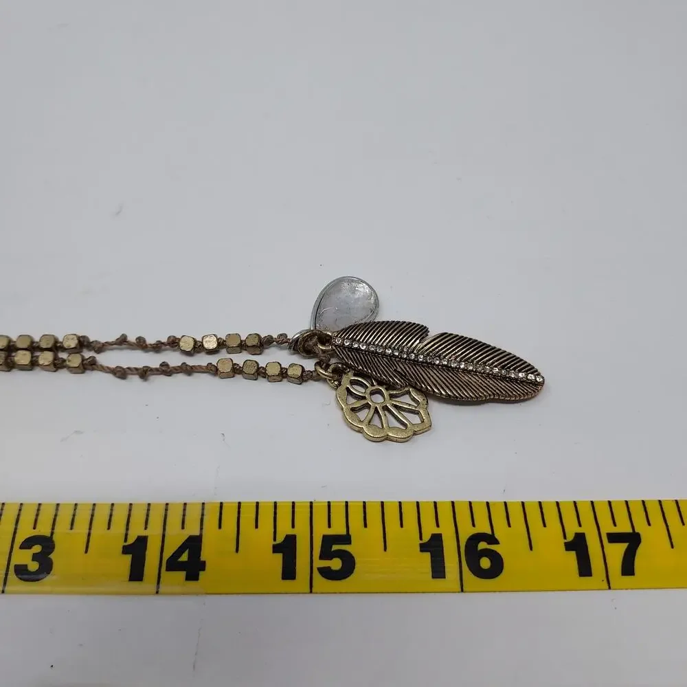 Lucky Brand Pendant Necklace Aged Gold Tone Stone Metal Rhinestone Charms Boho